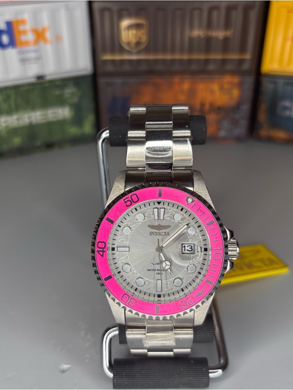 Invicta Pro Diver Silver Dial Watch with Pink Bezel